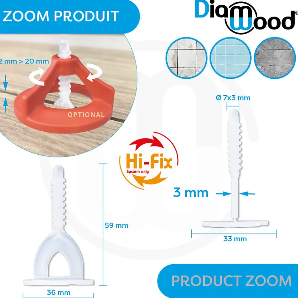Diamwood Expert En Equipement Outils Du Carreleur<1000 Croisillons Autonivelants à Visser 3 mm "HI-FIX" Pour Carreaux de 2 à 20 mm - Diamwood