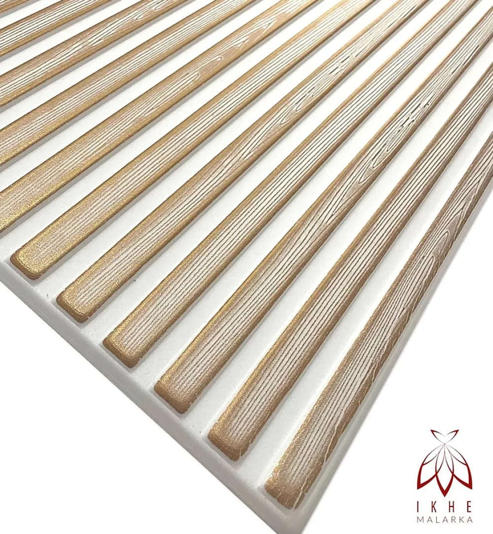 Ikhemalarka Panneau Mural Décoratif<6 m2 12 pièces Panneaux muraux de plafond en polystyrène Effet Lattes Décor Imitation Lamelle Revêtement léger Slats White Gold