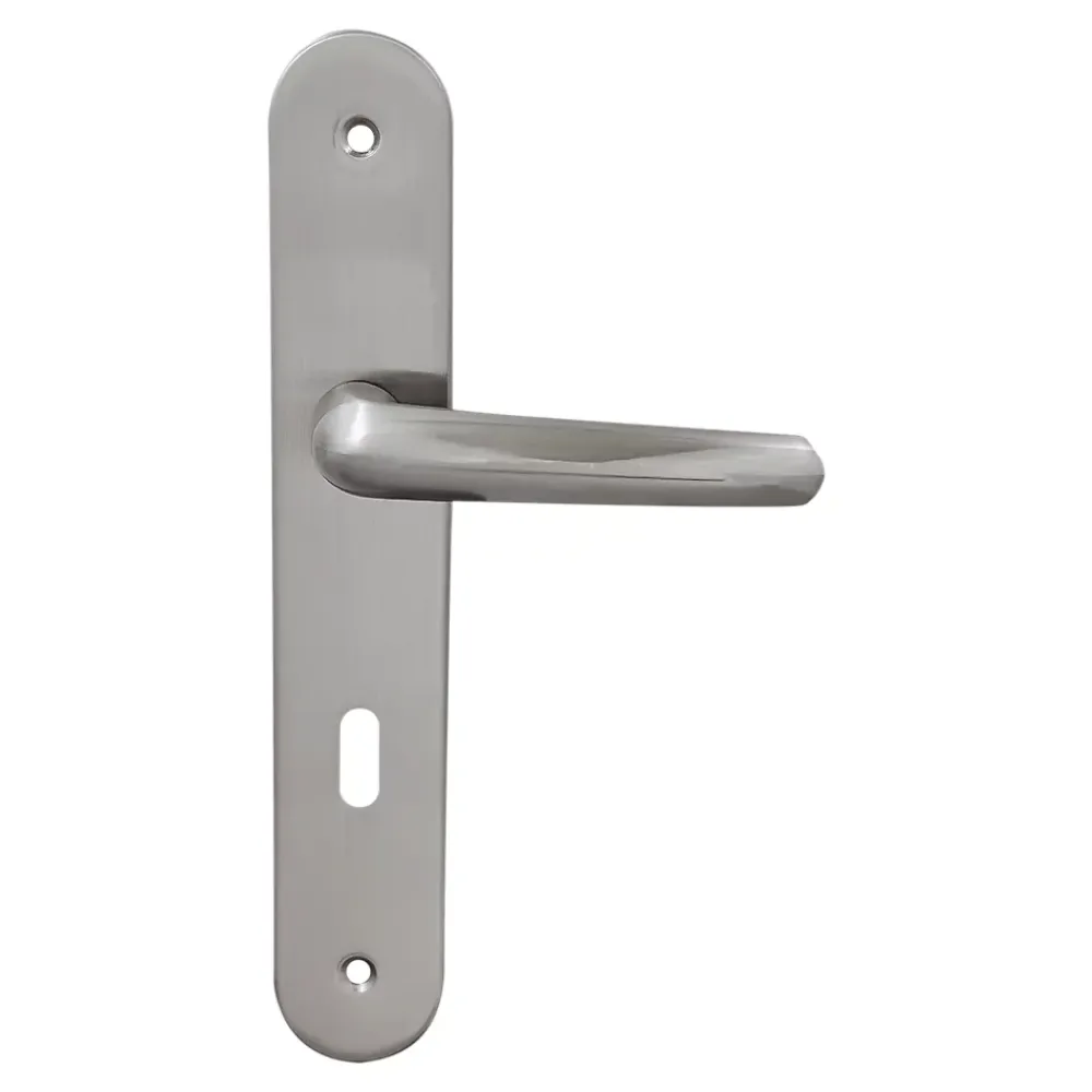 Poignée De Porte<2 poignées de porte sur plaque rond avec serrure Amga, entraxe 195mm, coloris gris satiné