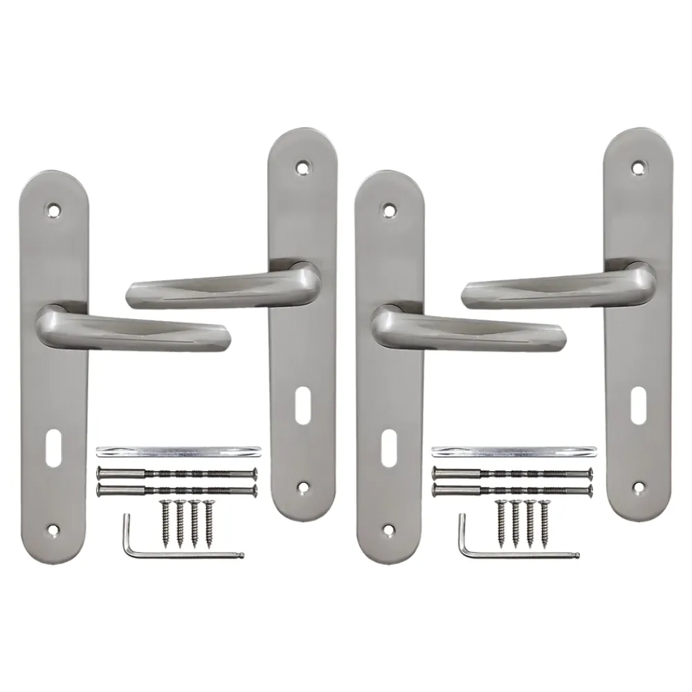 Poignée De Porte<2 poignées de porte sur plaque rond avec serrure Amga, entraxe 195mm, coloris gris satiné