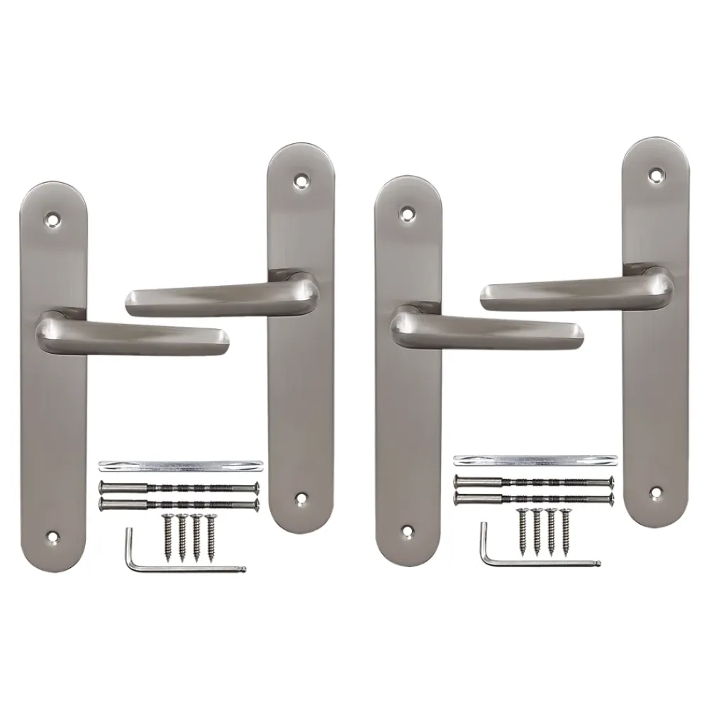 Poignée De Porte<2 poignées de porte sur plaque rond Amga, entraxe 195mm, coloris gris satiné