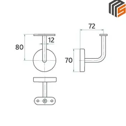 MySystem 2 x Support mural fixe - Main courante plate - Platine 3 trous fraisés + CACHE - Inox 304- Accessoire D'Escalier