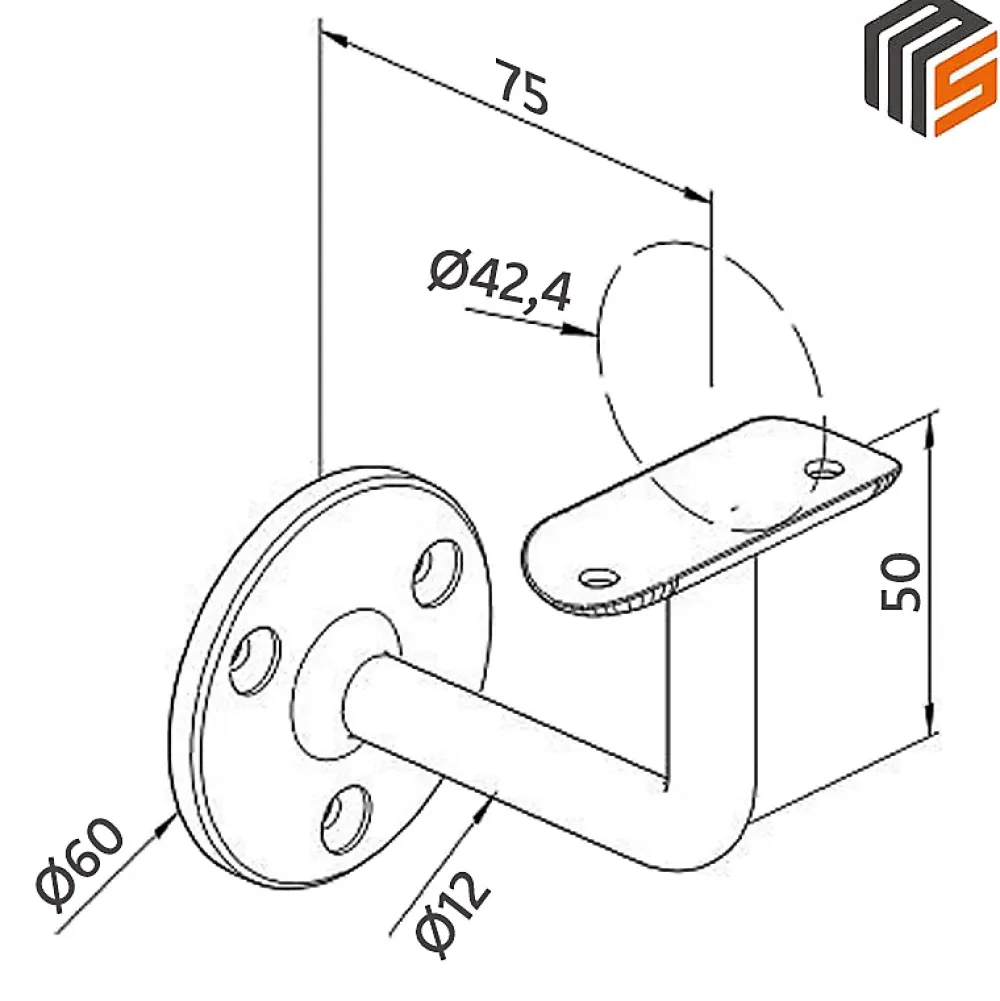 MySystem 2 x Support mural fixe - Main courante diam. 42,4 mm - Platine 3 trous fraisés - Inox 316- Accessoire D'Escalier