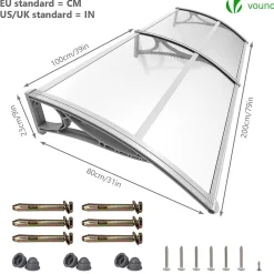 Vounot Auvent Et Marquise<Auvent de porte marquise 200x80 cm transparent en Polycarbonate anti UV Gris