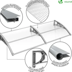 Vounot Auvent Et Marquise<Auvent de porte marquise 200x80 cm transparent en Polycarbonate anti UV Gris