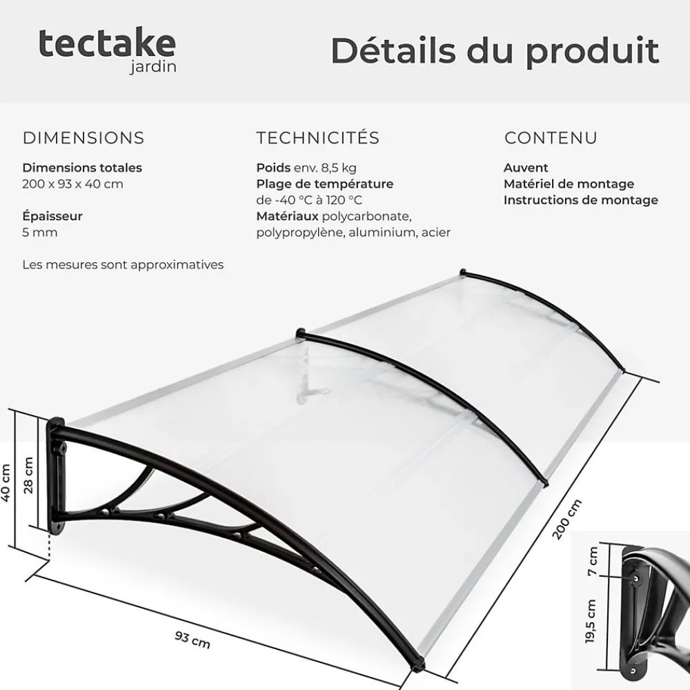 Tectake Auvent Et Marquise<Auvent de porte Marquise Résistant aux intempéries blanc transparent