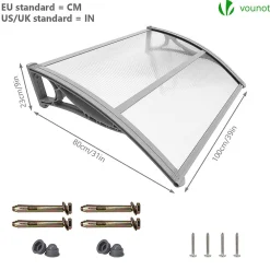 Vounot Auvent de porte marquise 100x80 cm transparent en Polycarbonate anti UV Gris- Auvent Et Marquise