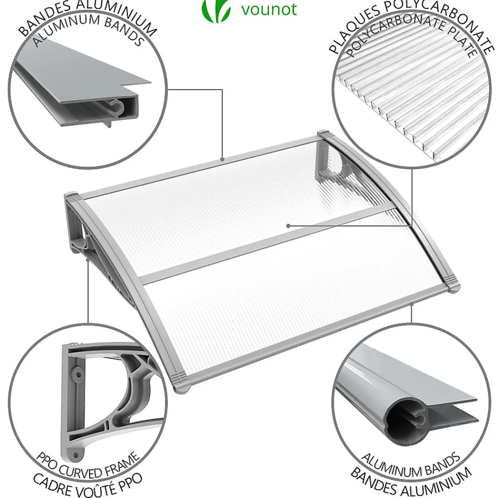 Vounot Auvent de porte marquise 100x80 cm transparent en Polycarbonate anti UV Gris- Auvent Et Marquise