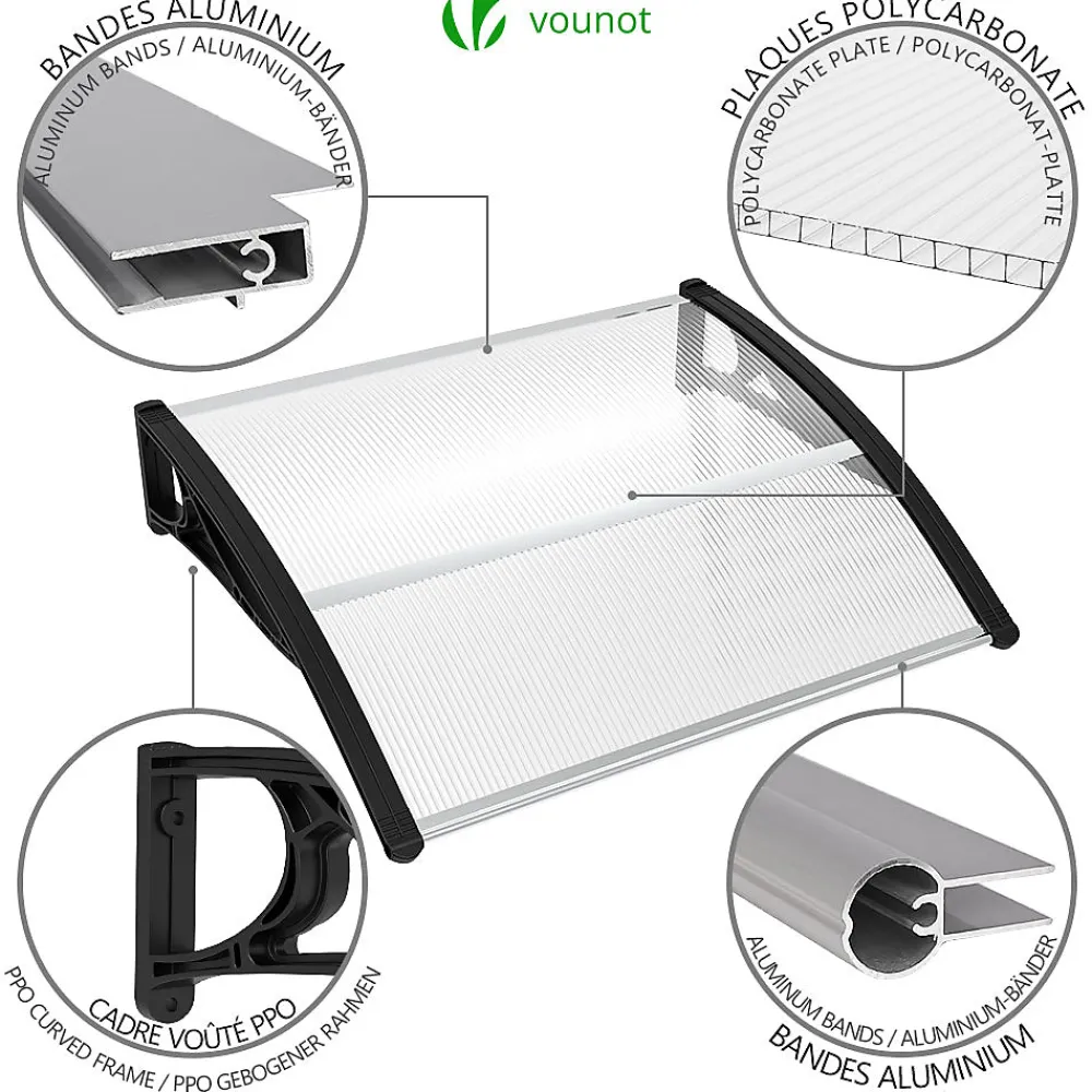 Vounot Auvent Et Marquise<Auvent de porte marquise 100x80 cm transparent en Polycarbonate anti UV Noir