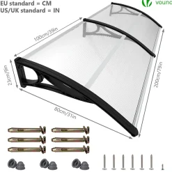 Vounot Auvent de porte marquise 200x80 cm transparent en Polycarbonate anti UV Noir- Auvent Et Marquise