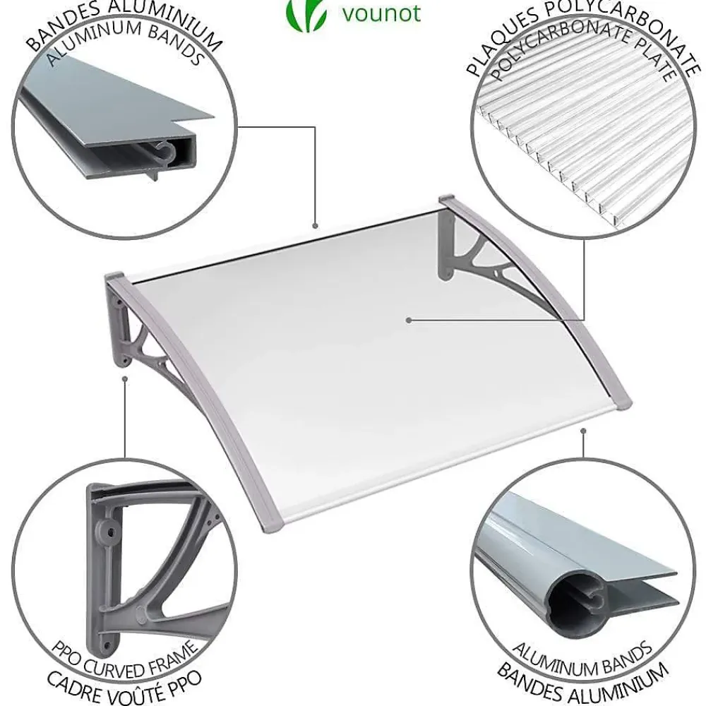 Vounot Auvent Et Marquise<Auvent de porte marquise 100x80 cm transparent en Polycarbonate anti UV Gris