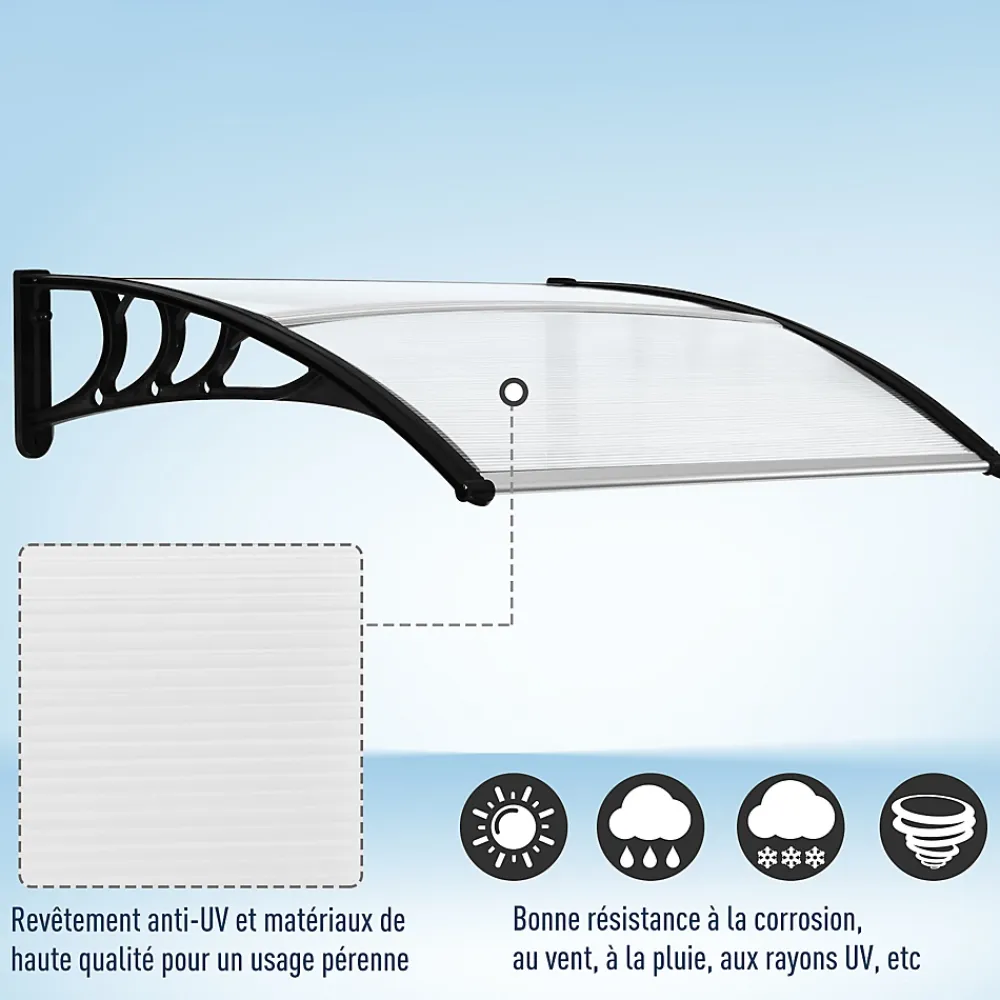 Outsunny Auvent marquise de porte design voûté arrondi dim. 100L x 80l x 23H cm polycarbonate plastique noir- Auvent Et Marquise