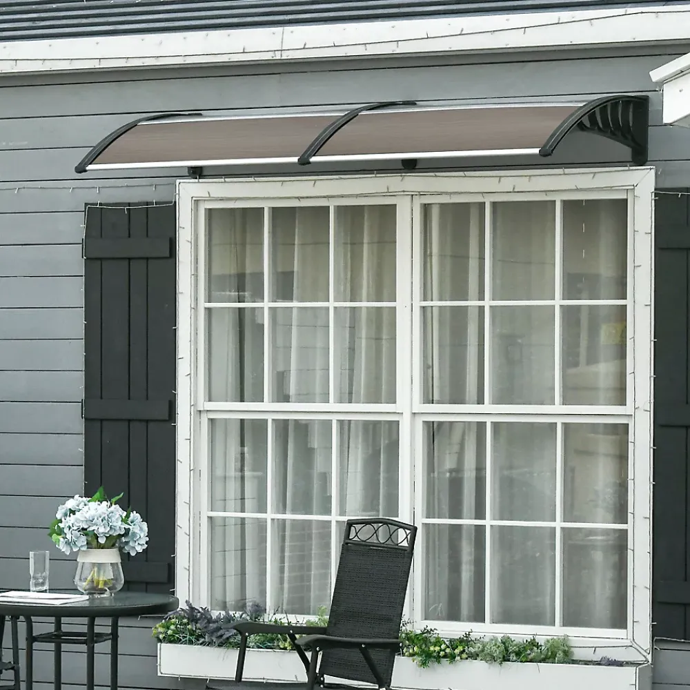 Outsunny Auvent marquise de porte design voûté arrondi dim. 200L x 96l x 27H cm polycarbonate fumé brun PP noir- Auvent Et Marquise