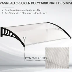 Outsunny Auvent Et Marquise<Auvent marquise de porte design voûté arrondi dim. 150L x 90l x 25H cm polycarbonate PP noir