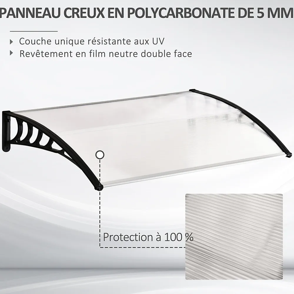 Outsunny Auvent Et Marquise<Auvent marquise de porte design voûté arrondi dim. 150L x 90l x 25H cm polycarbonate PP noir