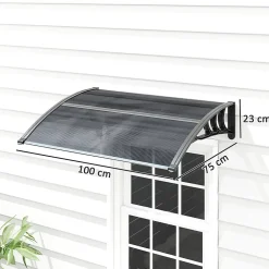 Outsunny Auvent marquise de porte design voûté arrondi dim. 100L x 75l x 23H cm alu polycarbonate fumé plastique noir- Auvent Et Marquise