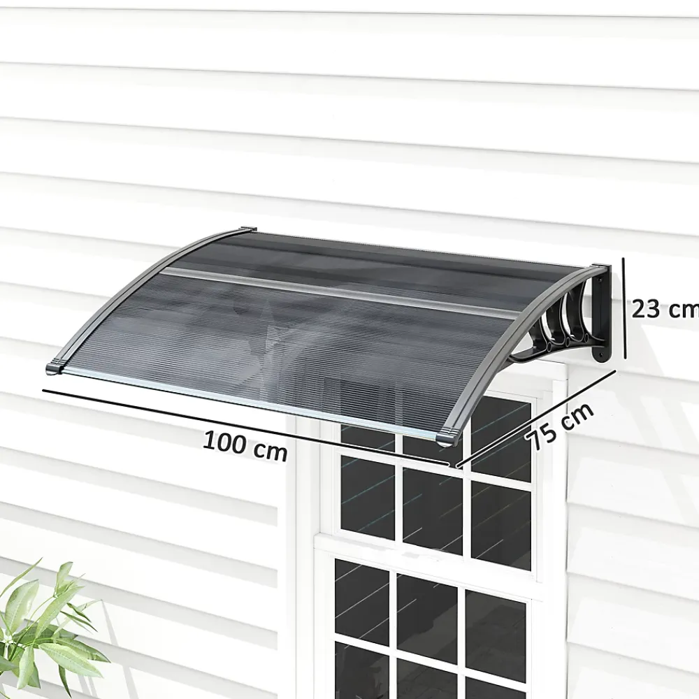 Outsunny Auvent marquise de porte design voûté arrondi dim. 100L x 75l x 23H cm alu polycarbonate fumé plastique noir- Auvent Et Marquise