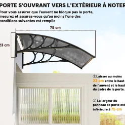 Outsunny Auvent marquise de porte design voûté arrondi dim. 100L x 75l x 23H cm alu polycarbonate fumé plastique noir- Auvent Et Marquise