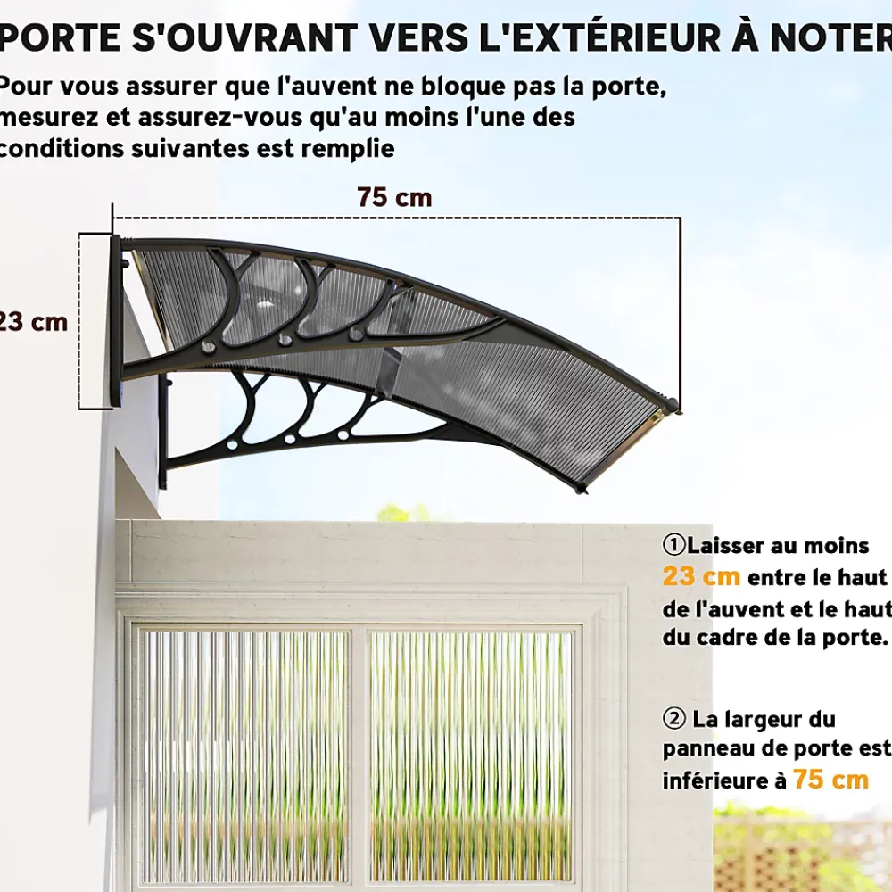 Outsunny Auvent marquise de porte design voûté arrondi dim. 100L x 75l x 23H cm alu polycarbonate fumé plastique noir- Auvent Et Marquise