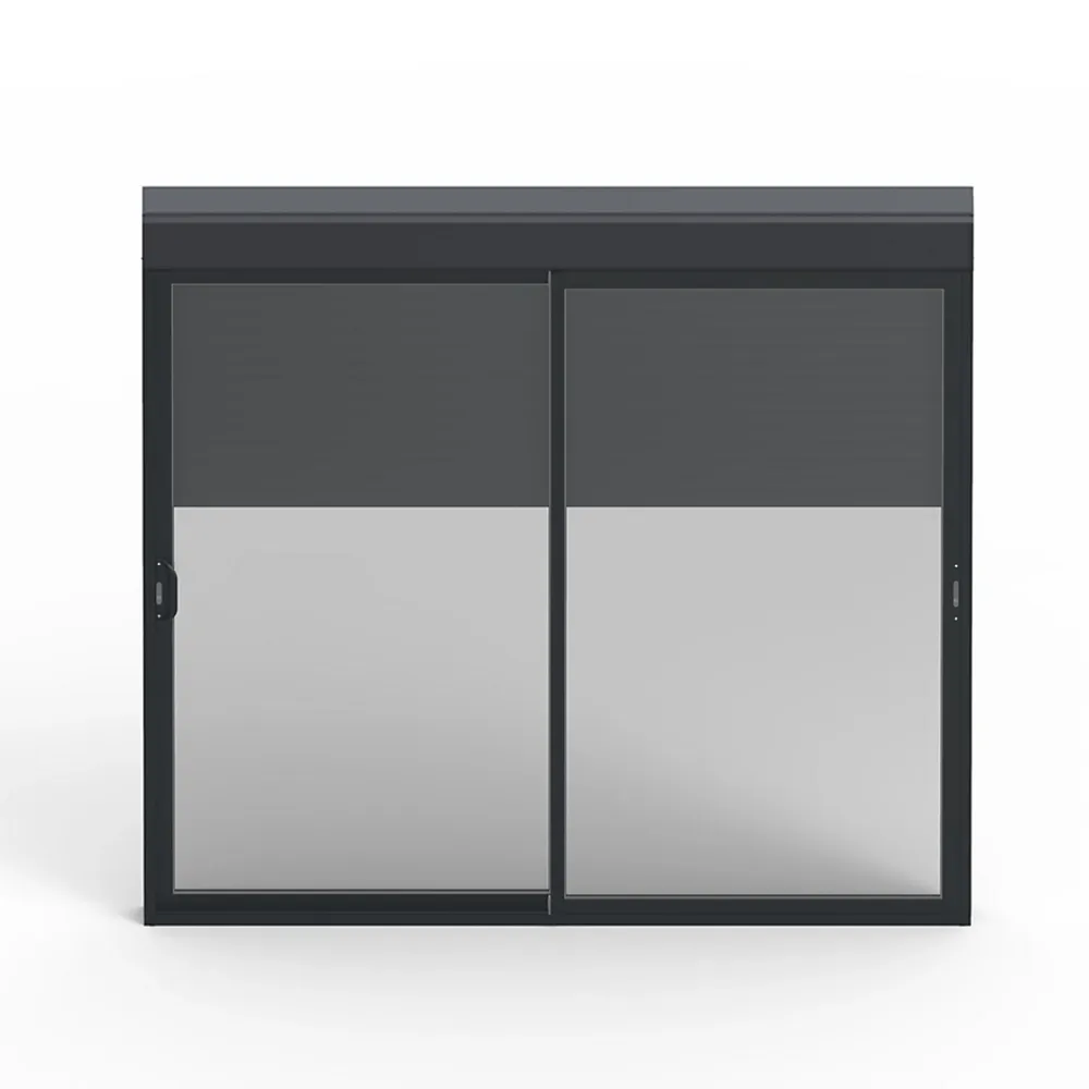 Baie coulissante alu gris avec volet roulant électrique intégré motorisation Somfy l.240 x H.200 cm Uw=2- Baie Vitrée Coulissante