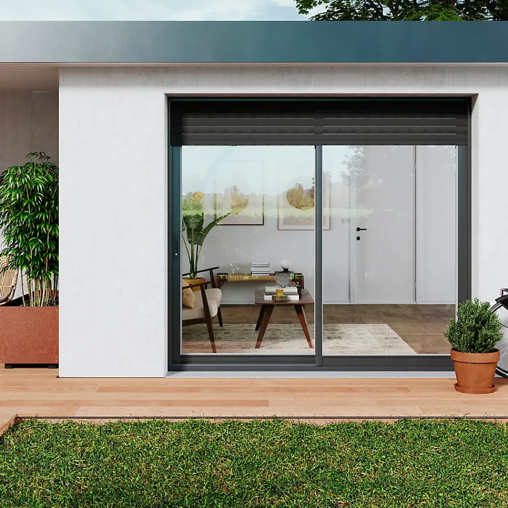 GoodHome Baie Vitrée Coulissante<Baie vitrée coulissante alu + volet roulant électrique gris - l.180 x h.215 cm - Uw 1,7