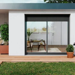 GoodHome Baie vitrée coulissante alu + volet roulant motorisé gris - l.180 x h.215 cm - Uw 1,7- Baie Vitrée Coulissante