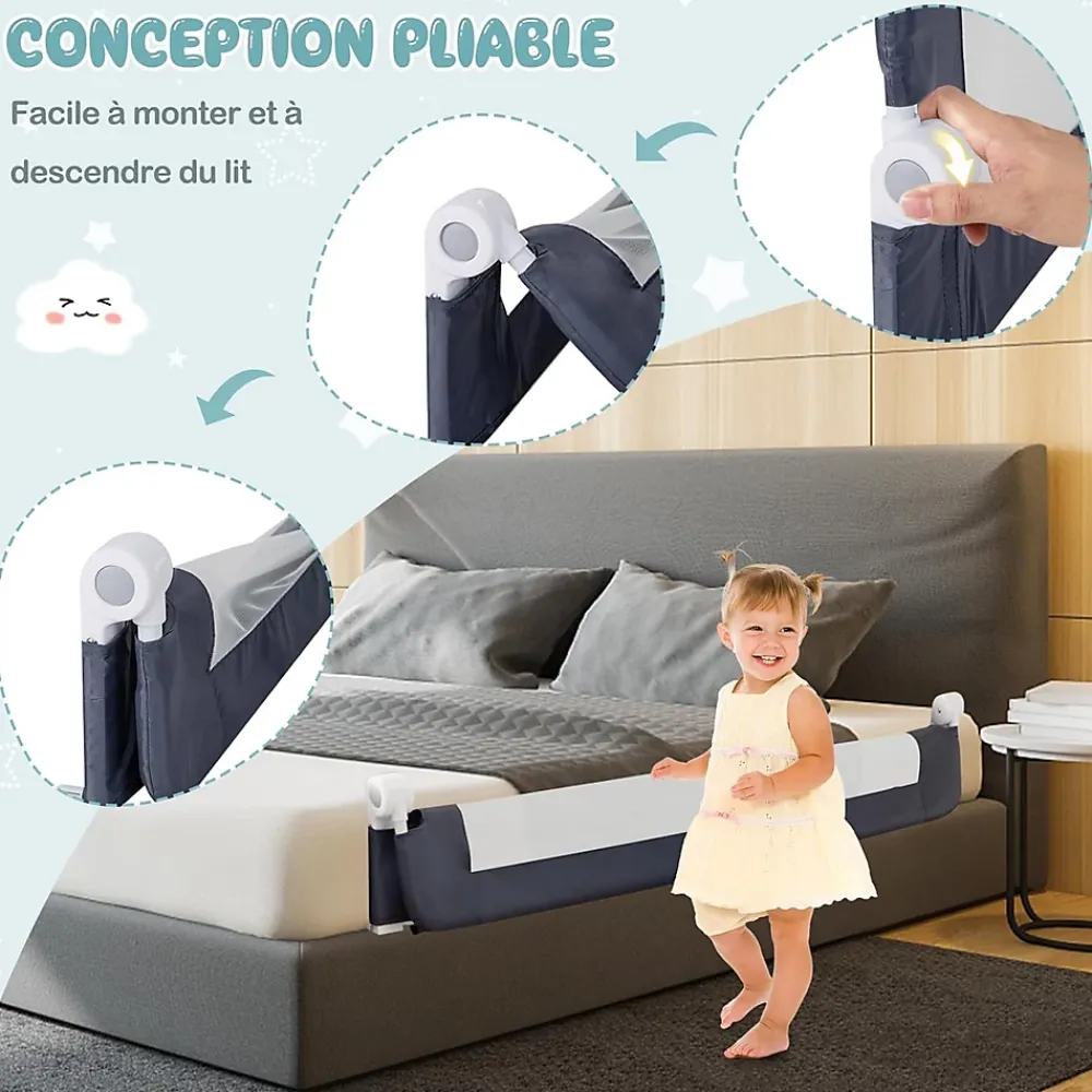 Giantex Barrière De Sécurité<Barriere de Lit Pliable et Portable avec Cadre en Metal,en Forme de T, avec Mecanisme a Double Bouton (Gris, 150 x 40 x 42 CM)