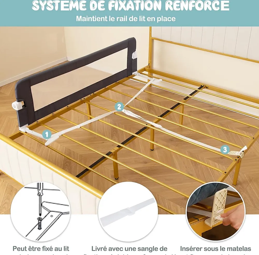 Giantex Barrière De Sécurité<Barriere de Lit Pliable et Portable avec Cadre en Metal,en Forme de T, avec Mecanisme a Double Bouton (Gris, 150 x 40 x 42 CM)