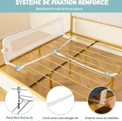 Giantex Barriere de Lit Pliable et Portable avec Cadre en Metal , en Forme de T, avec Mecanisme a Double Bouton (Blanc, 150 x 40 x 42 CM)- Barrière De Sécurité