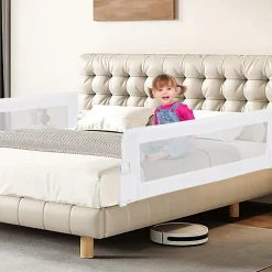 Giantex Barriere de Lit Pliable et Portable avec Cadre en Metal , en Forme de T, avec Mecanisme a Double Bouton (Blanc, 150 x 40 x 42 CM)- Barrière De Sécurité