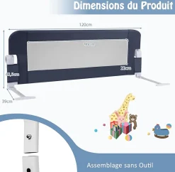 Giantex Barrière De Sécurité<Barriere de Lit Pliable et Portable avec Cadre en Metal, en Forme de T, avec Mecanisme a Double Bouton (Gris, 120 x 40 x 42 CM)