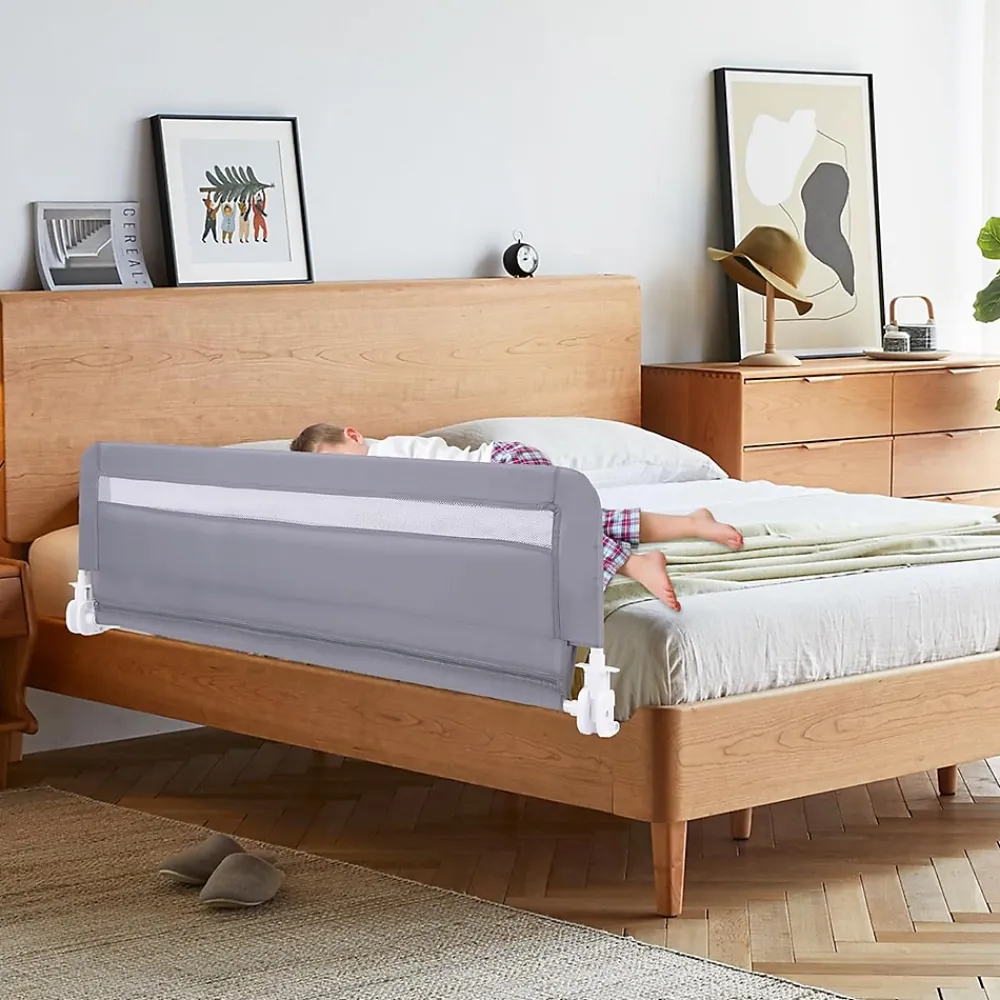 Giantex Barrière De Sécurité<Barriere de Securite Enfant 120 cm, Barrière de Lit Bébé Rabattable avec Cadre en Métal, Housse Amovible, Gris