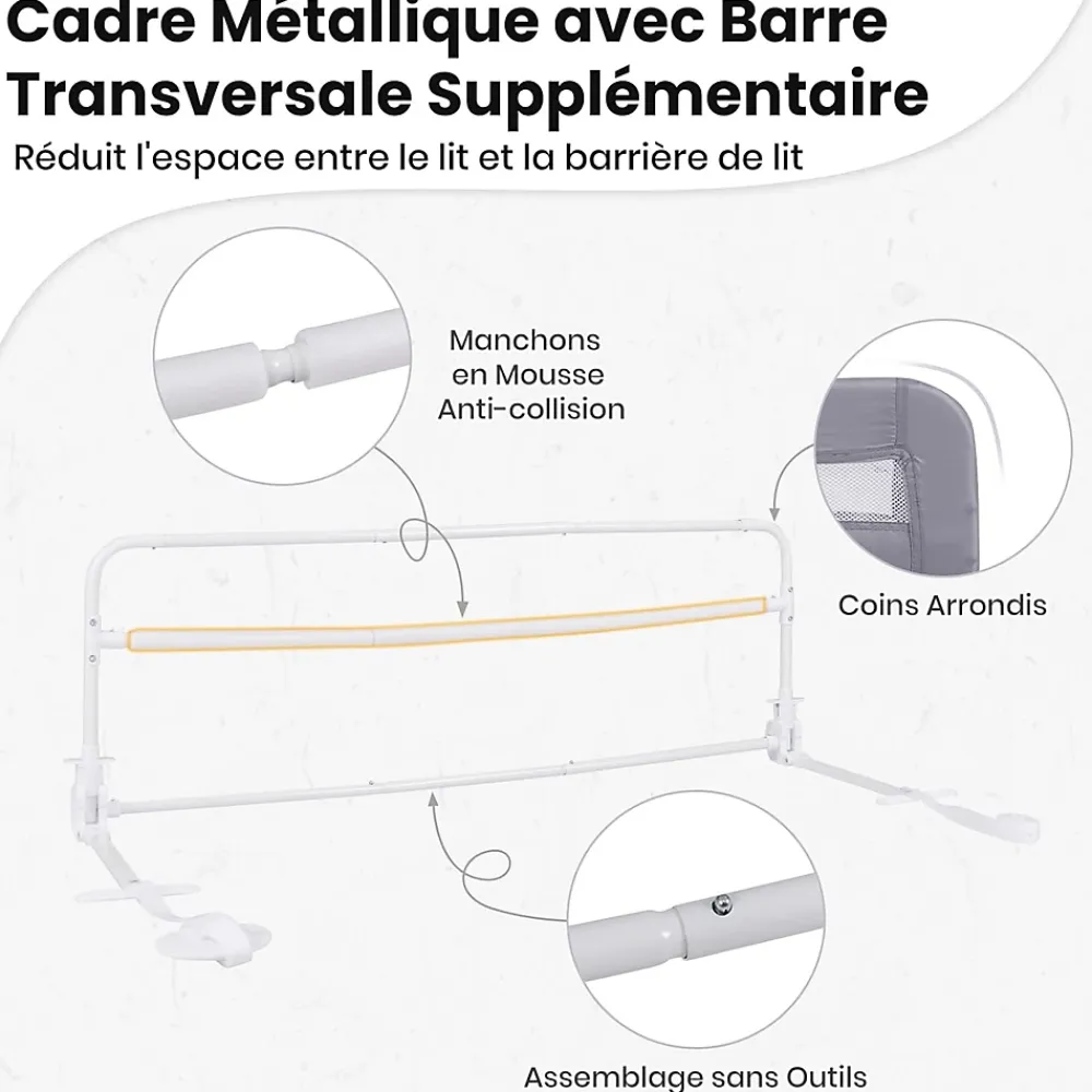 Giantex Barrière De Sécurité<Barriere de Securite Enfant 120 cm, Barrière de Lit Bébé Rabattable avec Cadre en Métal, Housse Amovible, Gris