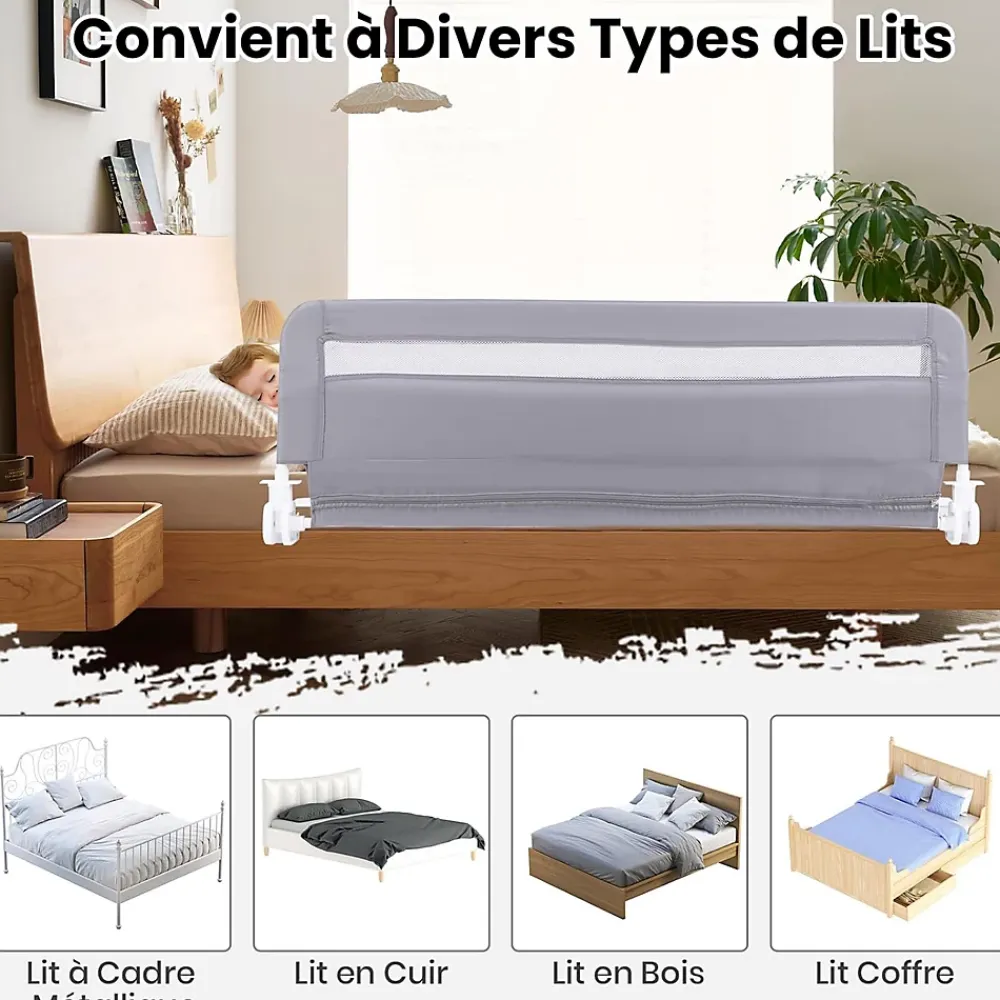 Giantex Barrière De Sécurité<Barriere de Securite Enfant 120 cm, Barrière de Lit Bébé Rabattable avec Cadre en Métal, Housse Amovible, Gris