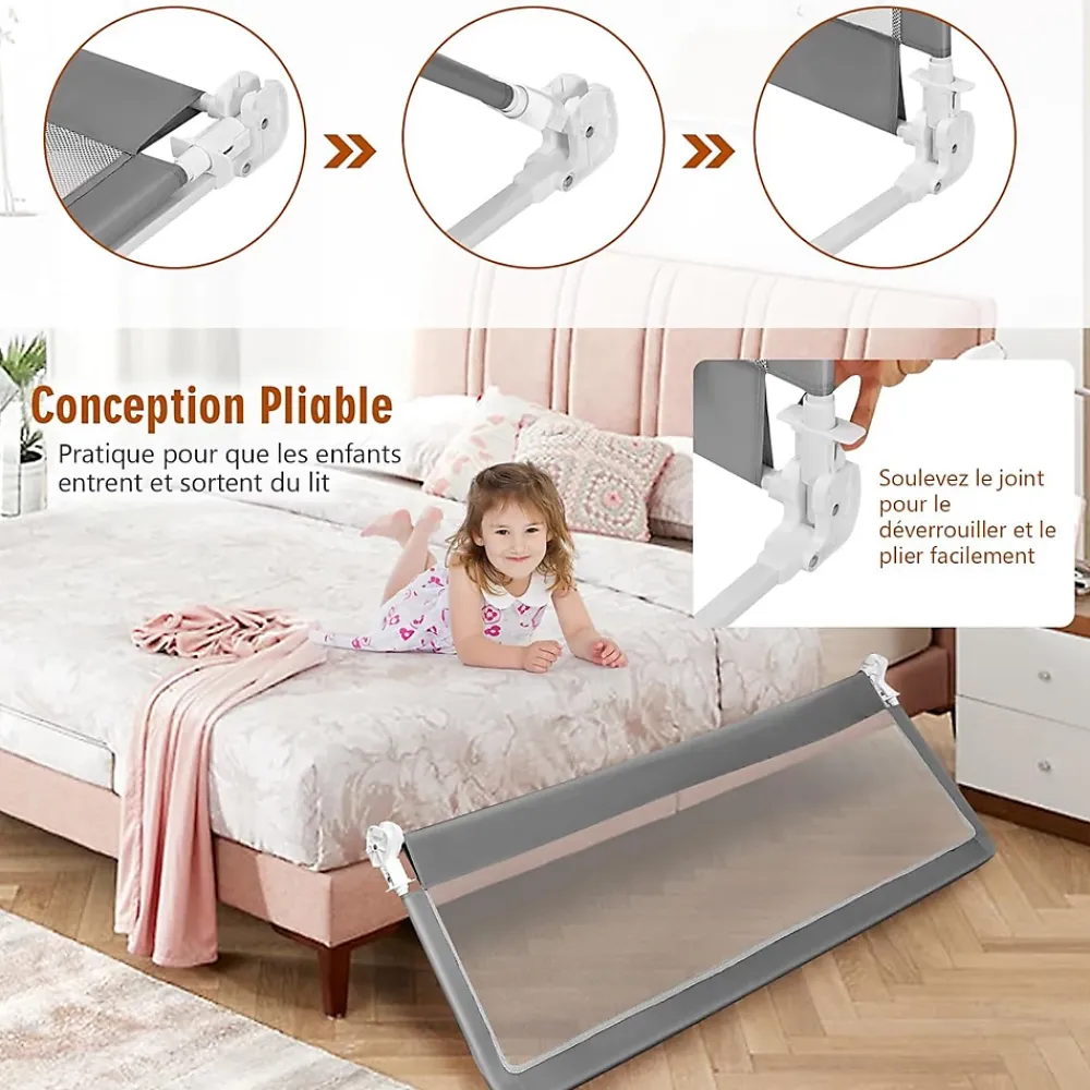 Giantex Barrière De Sécurité<Barrière de Lit pour Bébé Garde Corps de lit Système de Sécurité Ancrage Renforcé Gris