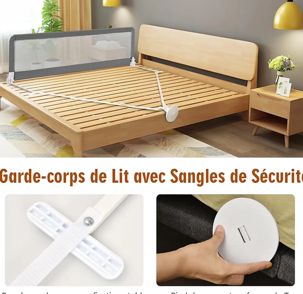 Giantex Barrière De Sécurité<Barrière de Lit pour Bébé Garde Corps de lit Système de Sécurité Ancrage Renforcé Gris