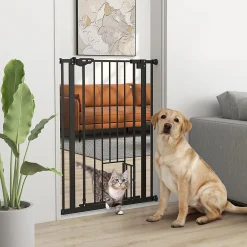 PawHut Barrière de sécurité animaux réglable L.74-80 cm porte double verrouillage petite porte sans perçage- Barrière De Sécurité