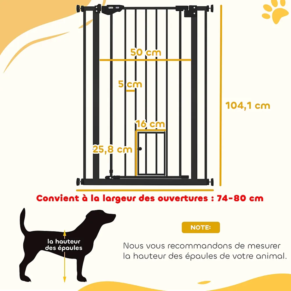 PawHut Barrière de sécurité animaux réglable L.74-80 cm porte double verrouillage petite porte sans perçage- Barrière De Sécurité