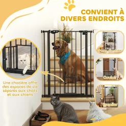 PawHut Barrière de sécurité animaux réglable L.74-80 cm porte double verrouillage petite porte sans perçage- Barrière De Sécurité