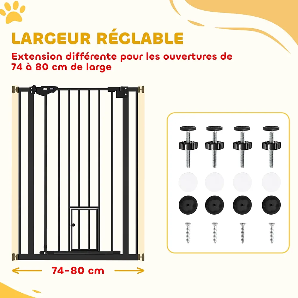 PawHut Barrière de sécurité animaux réglable L.74-80 cm porte double verrouillage petite porte sans perçage- Barrière De Sécurité