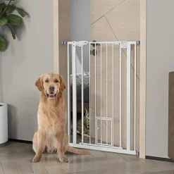 PawHut Barrière de sécurité animaux réglable L.74-80 cm porte double verrouillage petite porte sans perçage- Barrière De Sécurité