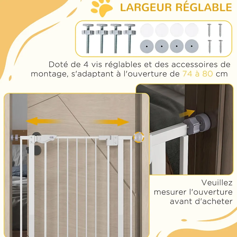 PawHut Barrière de sécurité animaux réglable L.74-80 cm porte double verrouillage petite porte sans perçage- Barrière De Sécurité