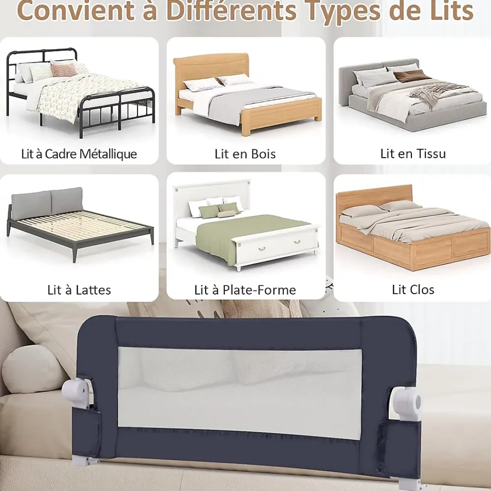 Giantex Barrière de Sécurité Enfant Lit, Barrière de Lit Enfant Bébé Pliable avec Mousse Souple, Gris, 105 x 40 x 42 CM- Barrière De Sécurité