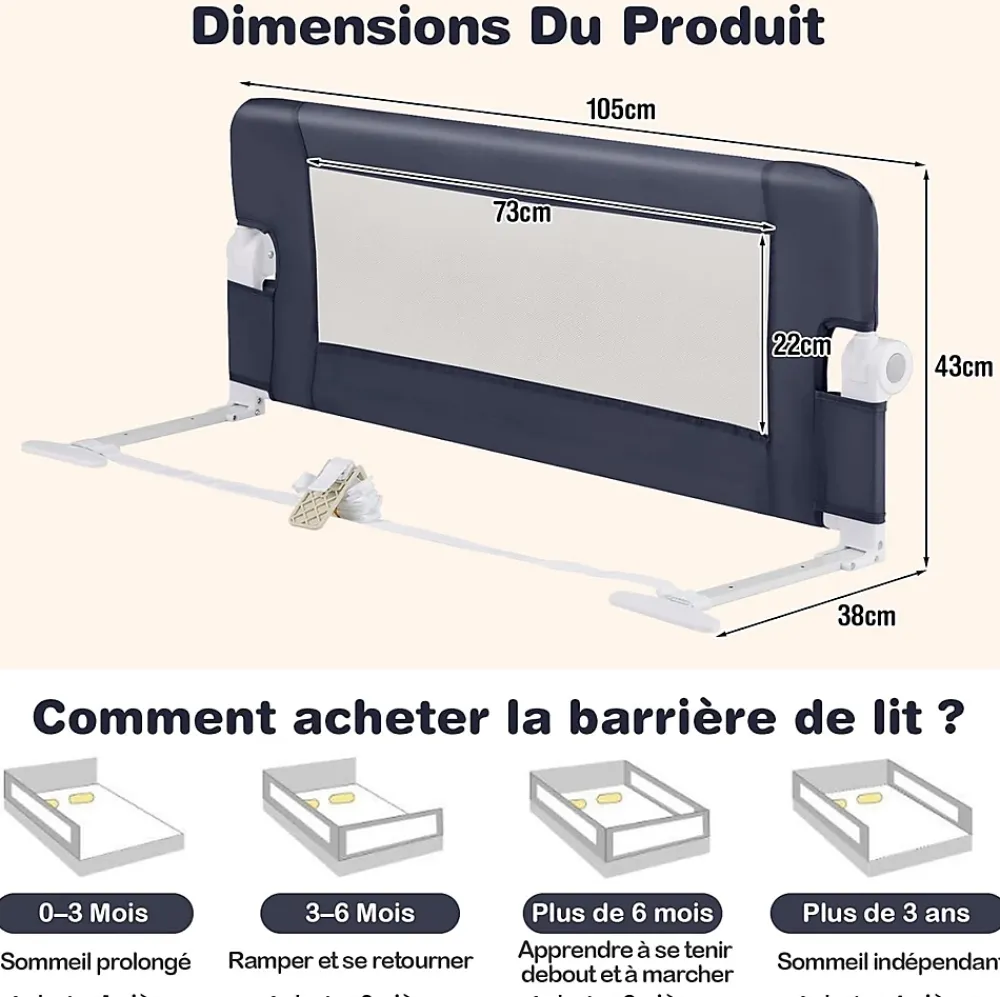 Giantex Barrière de Sécurité Enfant Lit, Barrière de Lit Enfant Bébé Pliable avec Mousse Souple, Gris, 105 x 40 x 42 CM- Barrière De Sécurité