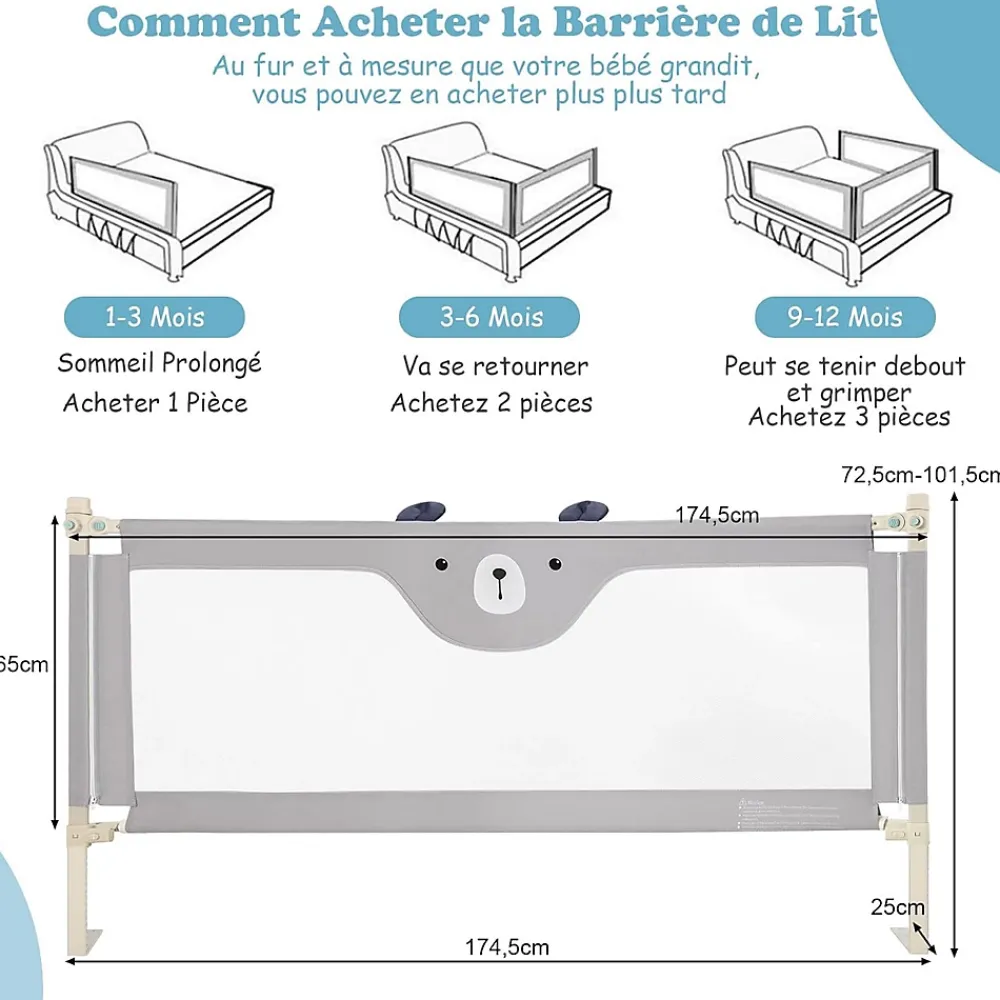 Giantex Barrière De Sécurité<Barrière de Sécurité Enfant Lit Pliable, Barrière de Lit Enfant Bébé 0-3 Ans, Bords Arrondis et Maille, Gris, 174,5 X 25 X 72,5 CM