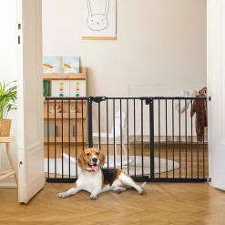PawHut Barrière De Sécurité<Barrière de sécurité longueur réglable porte double verrouillage sans perçage acier plastique noir