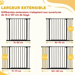 PawHut Barrière de sécurité longueur réglable dim. 76-107l x 76H cm sans perçage métal plastique noir- Barrière De Sécurité