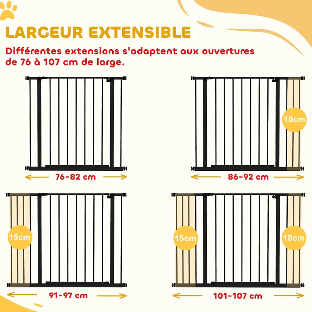 PawHut Barrière de sécurité longueur réglable dim. 76-107l x 76H cm sans perçage métal plastique noir- Barrière De Sécurité