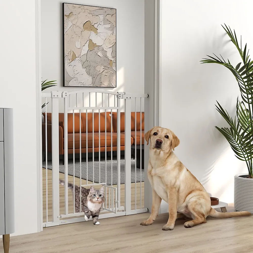 PawHut Barrière De Sécurité<Barrière de sécurite chien extensible L.76-104 cm double verrouillage montage pression ou perçage blanc