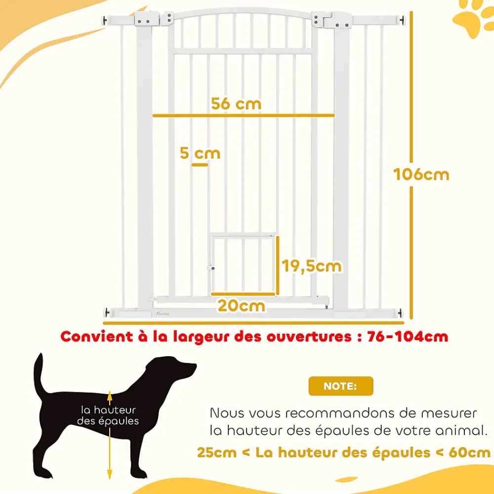 PawHut Barrière De Sécurité<Barrière de sécurite chien extensible L.76-104 cm double verrouillage montage pression ou perçage blanc